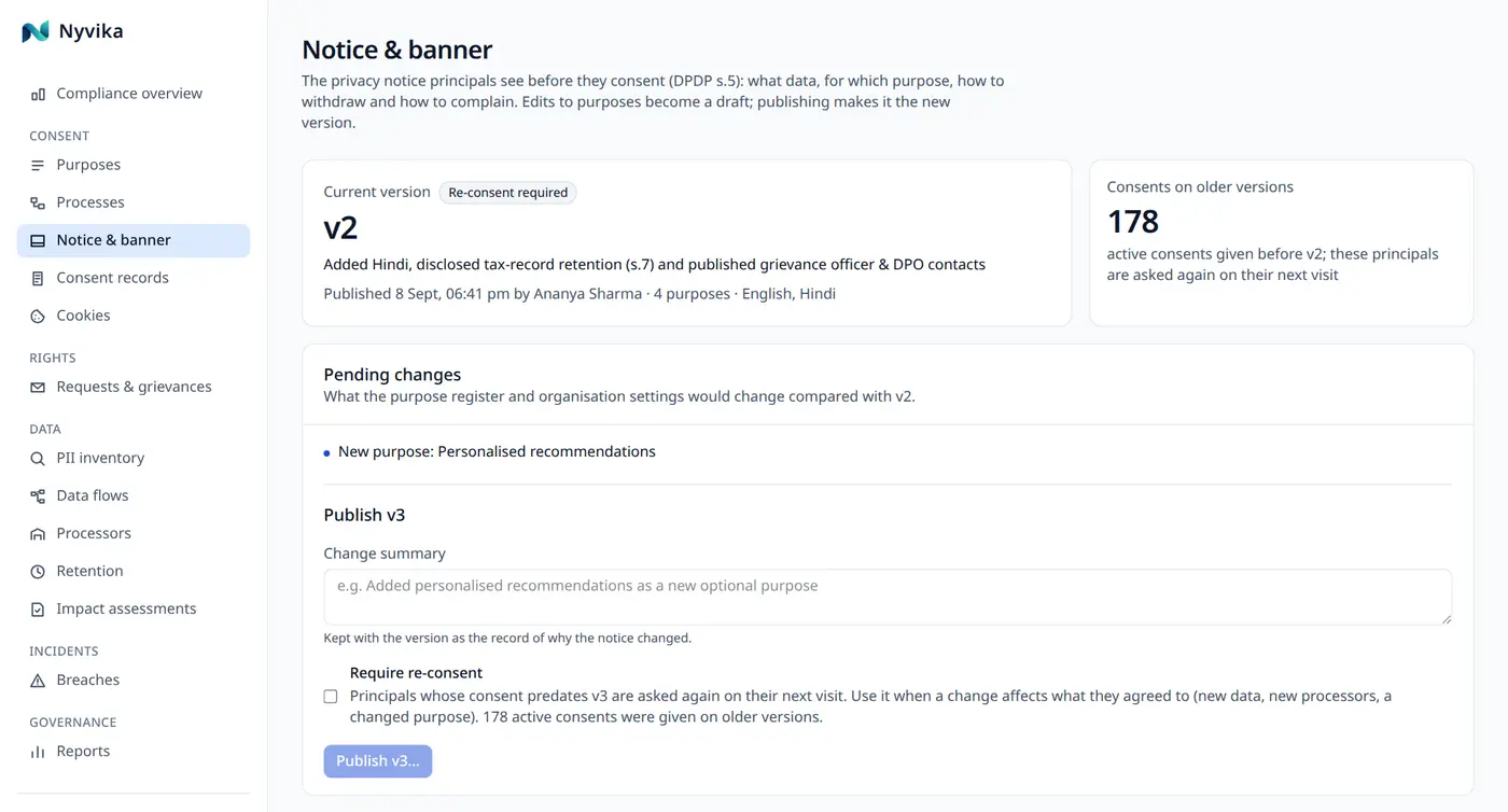 Notice versions in the Nyvika console: the published version, a draft and the differences between them