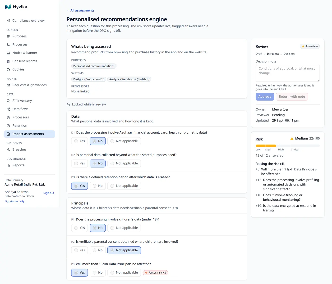 An impact assessment in the console: scope, questionnaire scores, mitigations and review status