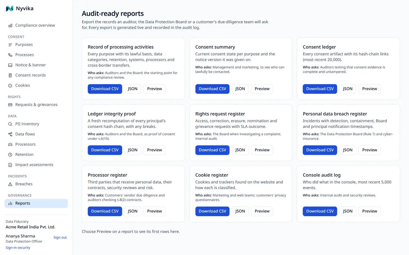 The reports page: nine audit-ready exports