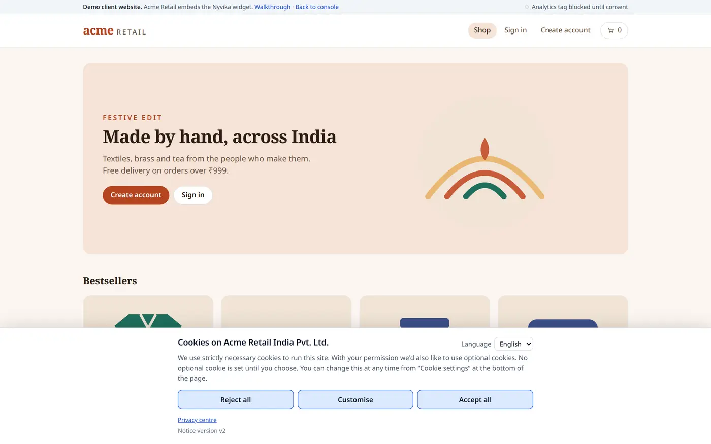 The Nyvika cookie banner on a demo store: reject all, customise and accept all with equal weight