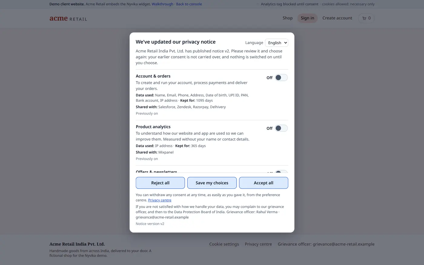 The re-consent prompt a customer sees when a new notice version requires it