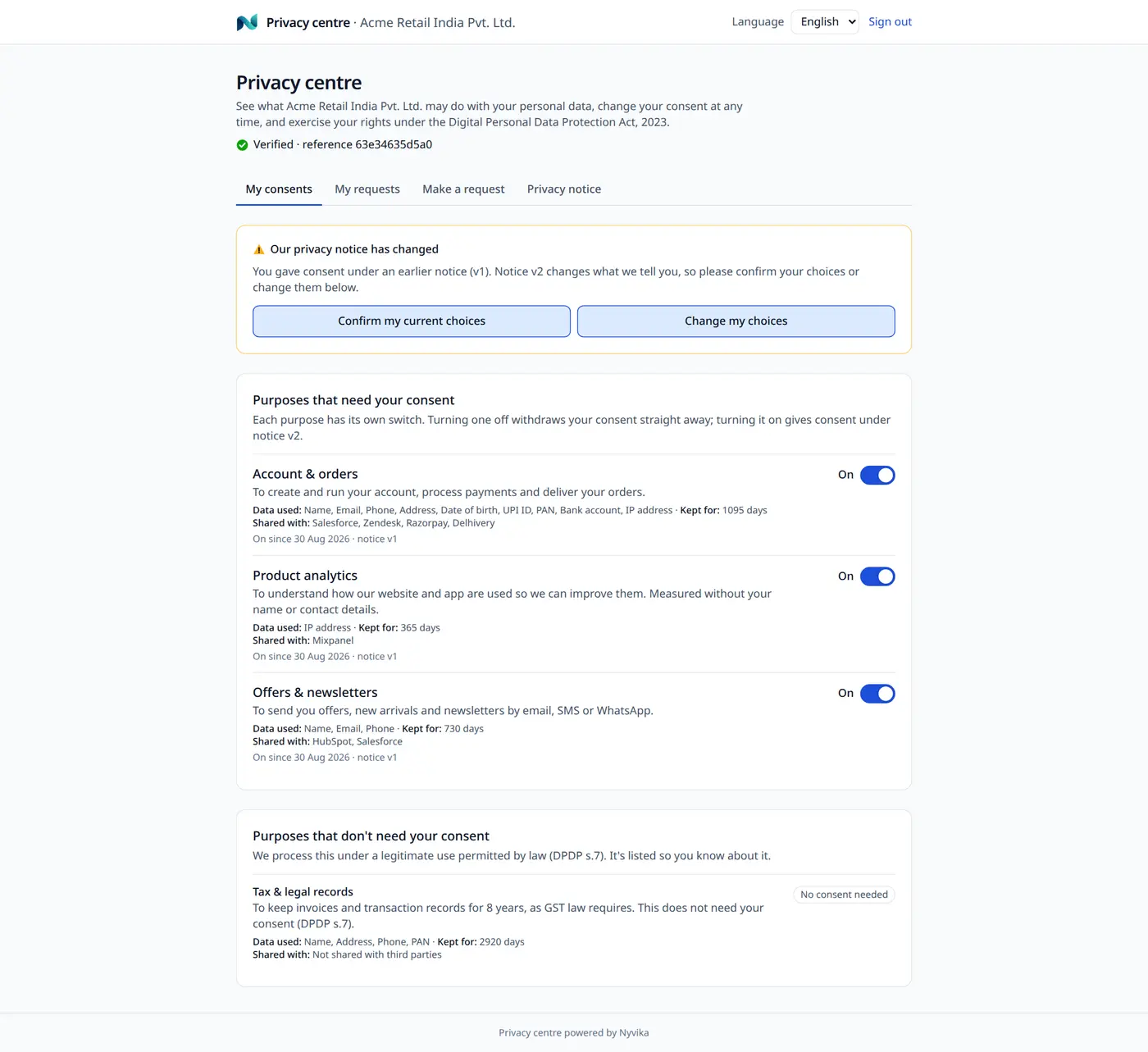 The Privacy Centre: a person's consents with withdraw switches and the list of their requests