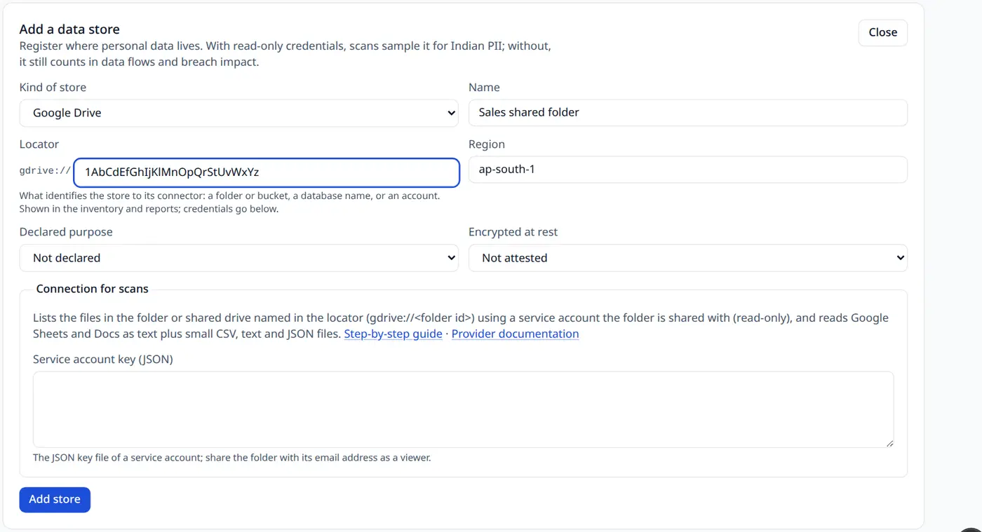 The Add data store form with Google Drive selected, showing the locator, purpose and service-account key fields