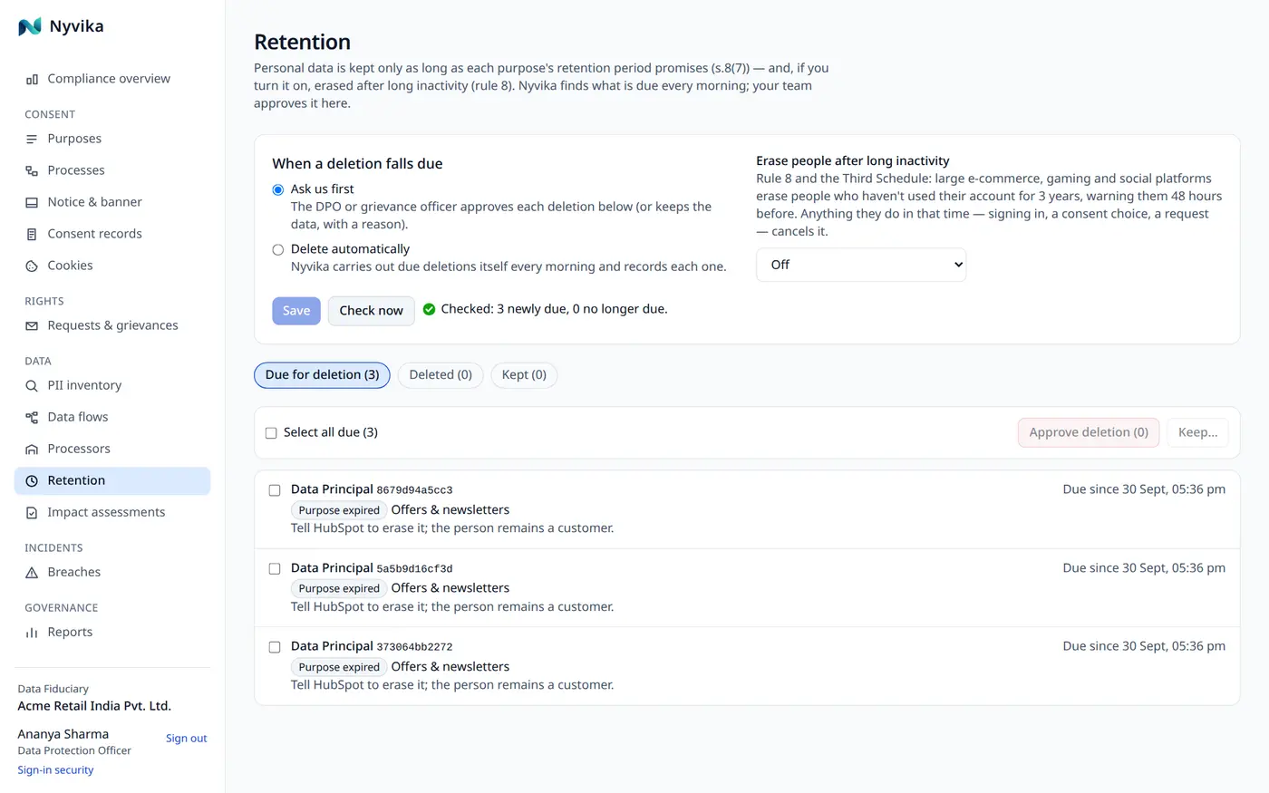 The retention queue: people whose purposes have expired, with what will be erased and when